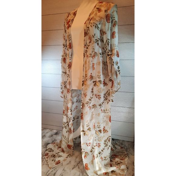 UMGEE Floral Print Sheer Buttoned Front Bell Sleeves Maxi Dress Cardigan Sz S - Picture 6 of 13
